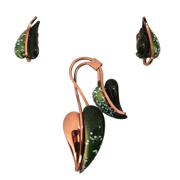 vtg MATISSE RENOIR Copper enamel Leaf Brooch & Earring set